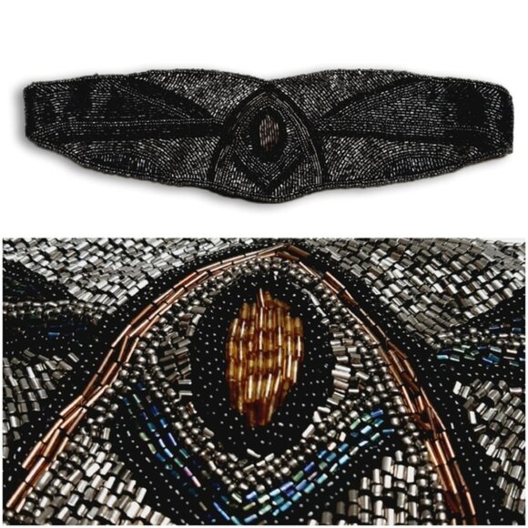 DEENA & OZZY Beaded Belt Intricate Design Seed Bead Boho Black Sz L - Picture 1 of 16